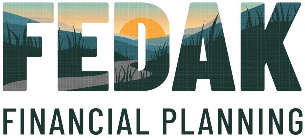 Large bold letters spelling “FEDAK” with a scenic mountain landscape and sunrise inside the letters; “FINANCIAL PLANNING” is written below in plain, capitalized text.