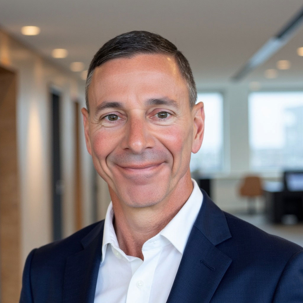 A man in a dark suit and white shirt smiles at the camera in a modern office setting with bright lighting and blurred background.