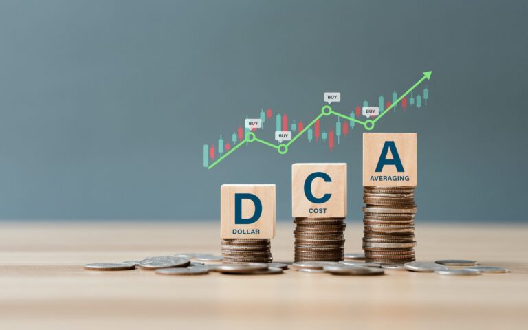 Three stacks of coins, each topped with a wooden block labeled D, C, and A for Dollar Cost Averaging, in front of a rising stock chart with buy signals and a green upward arrow.