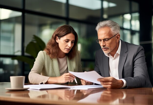 Two business professionals, a woman and a man wearing suits, sit at a table reviewing documents together in a modern office with large windows. A coffee cup is on the table in the foreground.